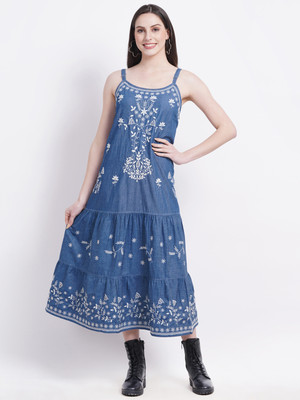 Hi Fashion Women A-line Blue, White Midi/Calf Length Dress