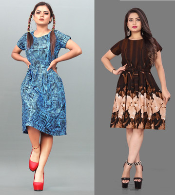 HouseOfCommon Women Fit and Flare Brown, Blue Below Knee Dress