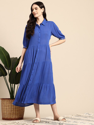 Mast & Harbour Women Shirt Blue Midi/Calf Length Dress