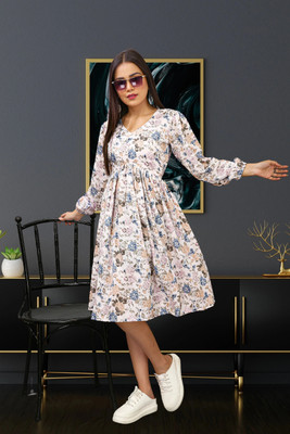 HOC's Women Fit and Flare White Below Knee Dress