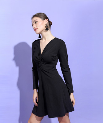 Tokyo Talkies Women Cinched Waist Black Above Knee/Mid Thigh Length Dress