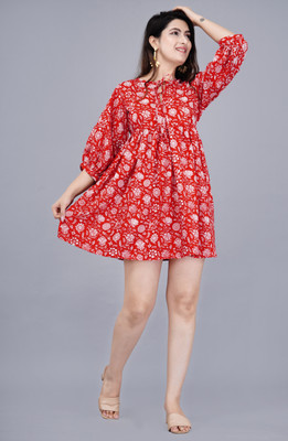 MANOJAVA Women Fit and Flare Red, White Above Knee/Mid Thigh Length Dress