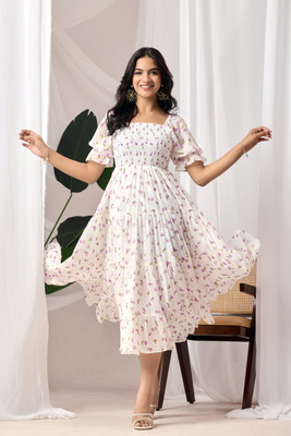 IRONIC CREATION Women Fit and Flare White Maxi/Full Length Dress