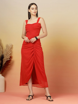 AAYU Women A-line Red Midi/Calf Length Dress