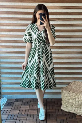 Fashion2wear Women Fit and Flare Green, White Knee Length Dress