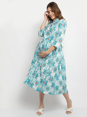 Moms Maternity Women Fit and Flare Light Green Midi/Calf Length Dress