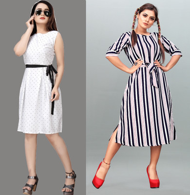 tanvi creation Women Fit and Flare White Midi/Calf Length Dress