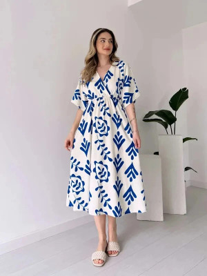 MANOJAVA Women Fit and Flare Blue Below Knee Dress