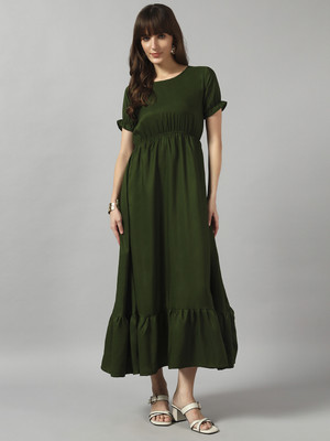 Jash Creation Women Fit and Flare Light Green Maxi/Full Length Dress