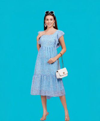 JC4U Women Fit and Flare Light Blue Midi/Calf Length Dress