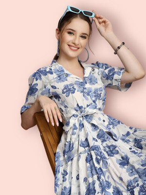 HouseOfCommon Women Fit and Flare White Below Knee Dress