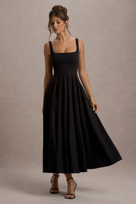 Traquila Women Fit and Flare Black Midi/Calf Length Dress