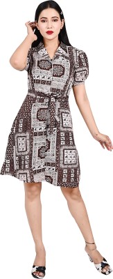 Fonista Women A-line White, Brown, Grey Dress