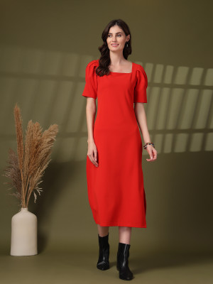 PLUSS Women A-line Red Midi/Calf Length Dress