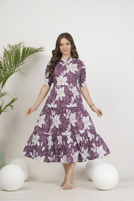 Khejal Women Fit and Flare Purple, White Below Knee Dress