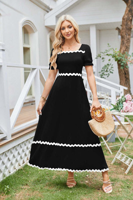 OUTZIDR Women A-line Black Ankle Length Dress