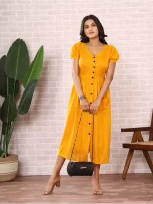 Sahiba creation Women A-line Yellow Midi/Calf Length Dress