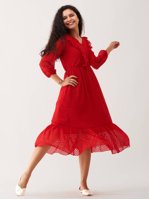 AASK Women Fit and Flare Red Midi/Calf Length Dress