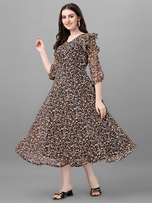 NIYAENTERPRISE Women A-line Brown Midi/Calf Length Dress