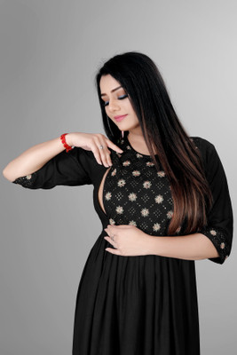 sheladiya Women Fit and Flare Black Midi/Calf Length Dress