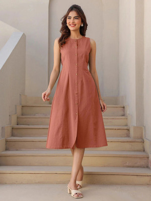 Janasya Women A-line Orange Midi/Calf Length Dress