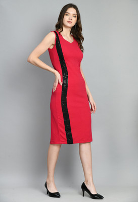 ZEUGEN Women Bodycon Black, Red Midi/Calf Length Dress