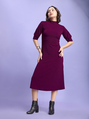 PURVAJA Women A-line Maroon Below Knee Dress