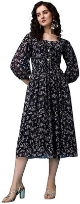 HK SHOPEE Women Fit and Flare Blue Midi/Calf Length Dress