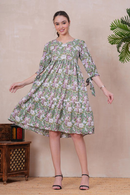 Jyoti Women Fit and Flare Green Below Knee Dress