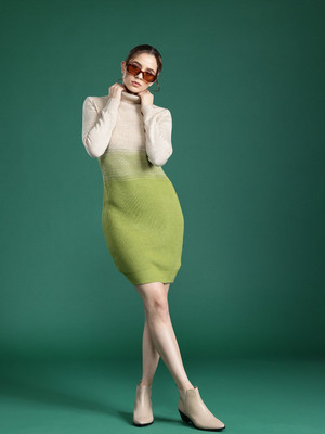 Dressberry Women High Low Beige, Light Green Above Knee/Mid Thigh Length Dress