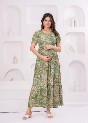 Drashti Textiles Women Maxi Green, Beige Full Length Dress