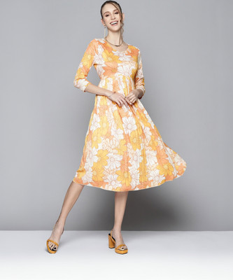 SASSAFRAS Women Pleated Yellow Midi/Calf Length Dress