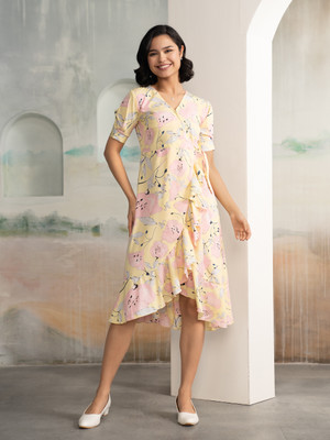 AASK Women Fit and Flare Yellow Midi/Calf Length Dress