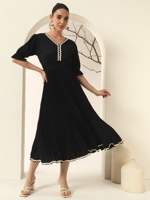 ZWERLON Women A-line Black Midi/Calf Length Dress