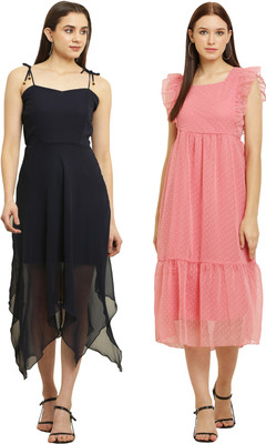 Miranga Women High Low Black, Pink Knee Length Dress