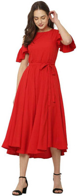 Jazzupss Enterprises Women Fit and Flare Red Midi/Calf Length Dress