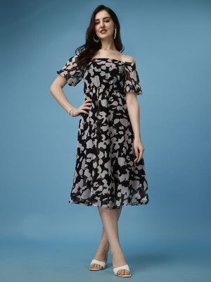 Fashion2wear Women A-line Black Midi/Calf Length Dress