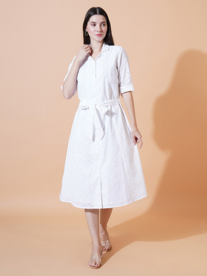 9 impression Women Fit and Flare White Midi/Calf Length Dress