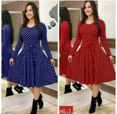 Faxmon Fashion Women Fit and Flare Blue, Red, White Below Knee Dress