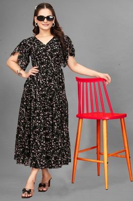 JYOTESTORE Women Fit and Flare Black Midi/Calf Length Dress