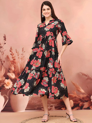 ZWERLON Women A-line Multicolor Midi/Calf Length Dress
