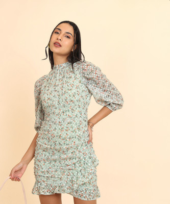 Tokyo Talkies Women Ruffled Light Green, Orange, Green Above Knee/Mid Thigh Length Dress