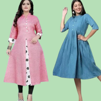 Texpa Pl Women Printed Straight Kurta(Pink, Light Blue)