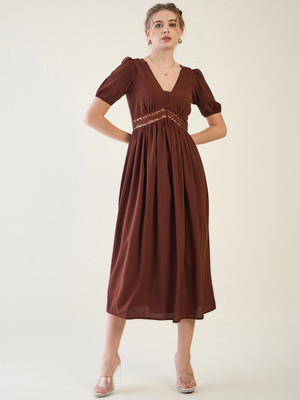 AAYU Women A-line Brown Midi/Calf Length Dress