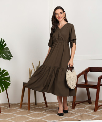 FashFun Women A-line Brown Midi/Calf Length Dress