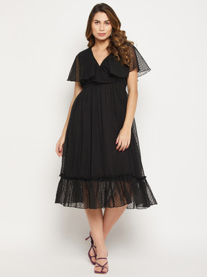 BITTERLIME Women Fit and Flare Black Midi/Calf Length Dress