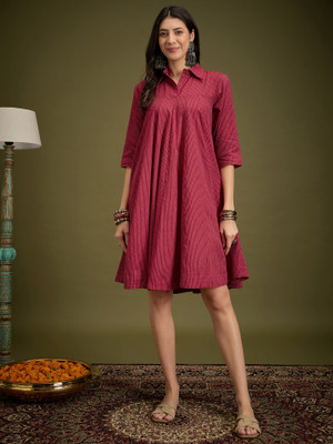 InWeave Women Fit and Flare Maroon Above Knee/Mid Thigh Length Dress