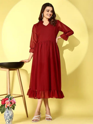 HK SHOPEE Women Fit and Flare Maroon Knee Length Dress