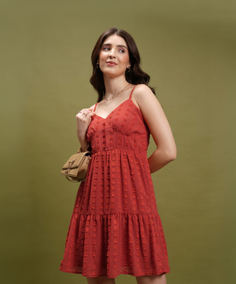 Tokyo Talkies Women Tiered Red Above Knee/Mid Thigh Length Dress