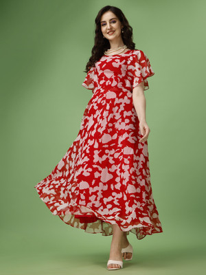 HK SHOPEE Women Fit and Flare Red Maxi/Full Length Dress